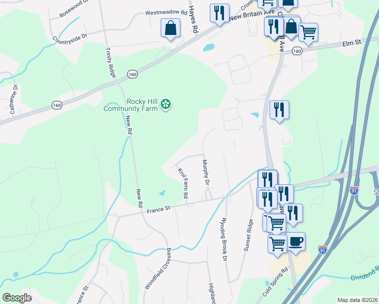 map of restaurants, bars, coffee shops, grocery stores, and more near 9 Maryanna Way in Rocky Hill