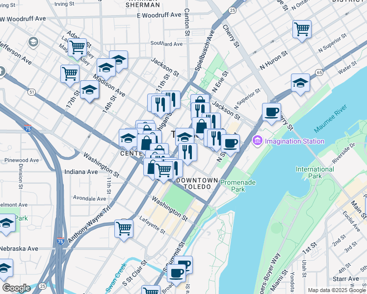 map of restaurants, bars, coffee shops, grocery stores, and more near 228 North Erie Street in Toledo