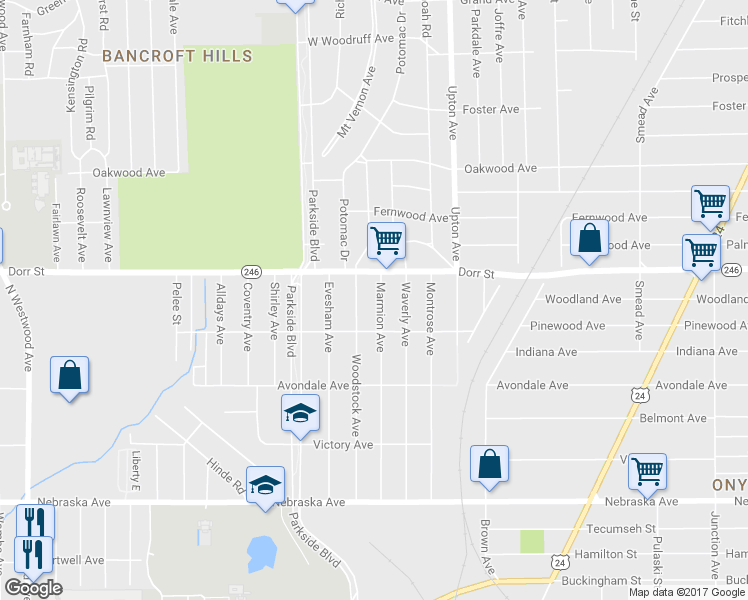 map of restaurants, bars, coffee shops, grocery stores, and more near 1209 Marmion Avenue in Toledo