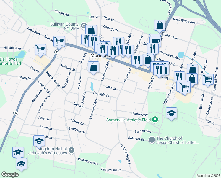 map of restaurants, bars, coffee shops, grocery stores, and more near 15 Lake Street in Monticello