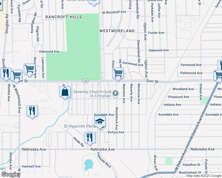 map of restaurants, bars, coffee shops, grocery stores, and more near 1206 Evesham Ave in Toledo