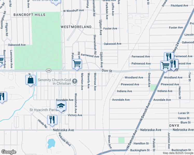 map of restaurants, bars, coffee shops, grocery stores, and more near 1134 Montrose Avenue in Toledo