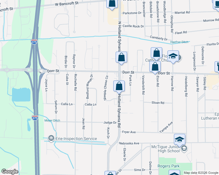 map of restaurants, bars, coffee shops, grocery stores, and more near 1140 Steeple Chase Circle in Toledo