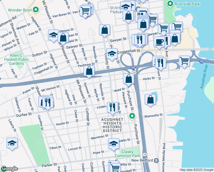 map of restaurants, bars, coffee shops, grocery stores, and more near 924 County Street in New Bedford