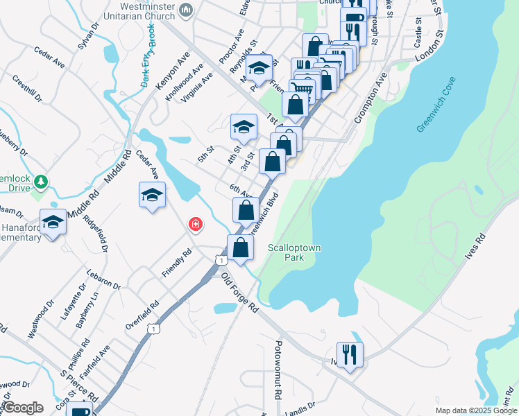 map of restaurants, bars, coffee shops, grocery stores, and more near 56 Greenwich Boulevard in East Greenwich
