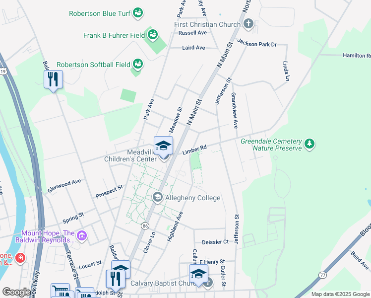 map of restaurants, bars, coffee shops, grocery stores, and more near 323-389 N Main St in Meadville