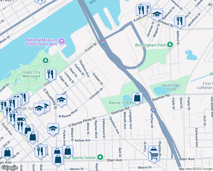 map of restaurants, bars, coffee shops, grocery stores, and more near 1584 Colorado Street in Toledo
