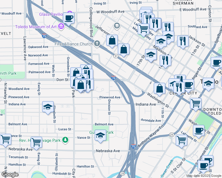 map of restaurants, bars, coffee shops, grocery stores, and more near 382 Woodland Avenue in Toledo
