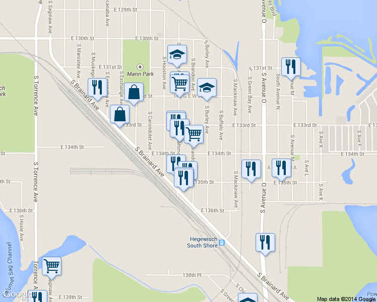 map of restaurants, bars, coffee shops, grocery stores, and more near 13356 South Brandon Avenue in Chicago