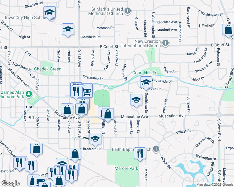 map of restaurants, bars, coffee shops, grocery stores, and more near 2609 Catskill Court in Iowa City