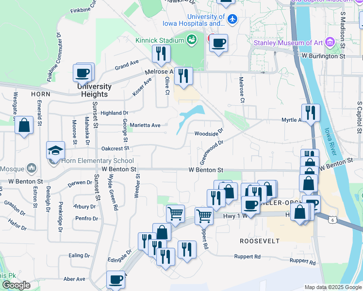 map of restaurants, bars, coffee shops, grocery stores, and more near 1000 Oakcrest Street in Iowa City