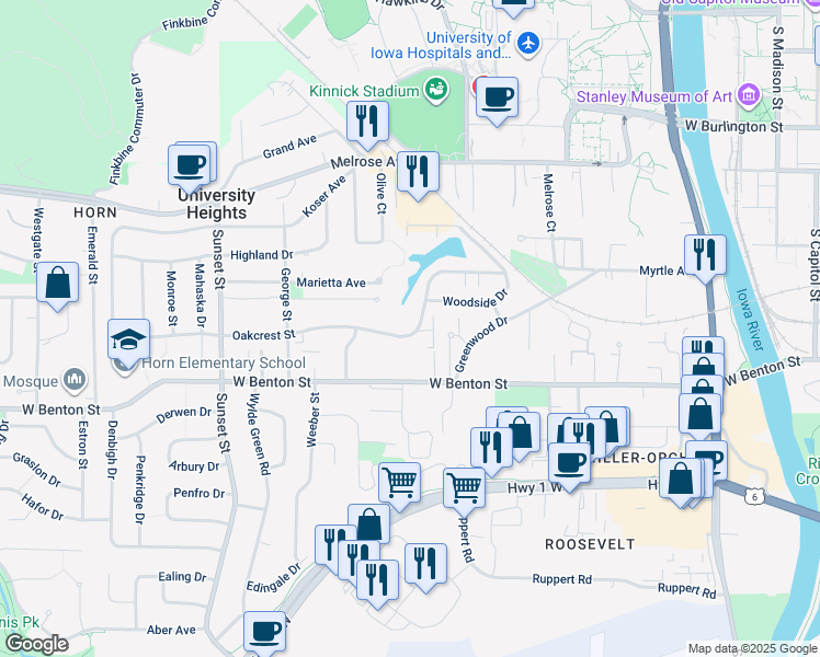 map of restaurants, bars, coffee shops, grocery stores, and more near 1000 Oakcrest Street in Iowa City