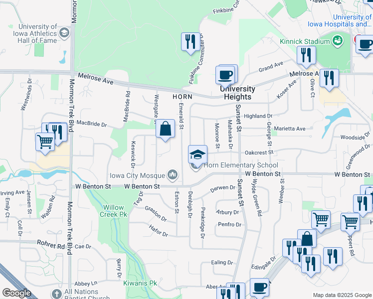 map of restaurants, bars, coffee shops, grocery stores, and more near 425 Koser Avenue in Iowa City