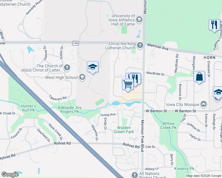 map of restaurants, bars, coffee shops, grocery stores, and more near 734 Westwinds Drive in Iowa City