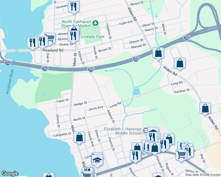 map of restaurants, bars, coffee shops, grocery stores, and more near 7 Kacy Lane in Fairhaven