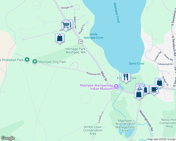 map of restaurants, bars, coffee shops, grocery stores, and more near 3 Ashumet Road in Mashpee