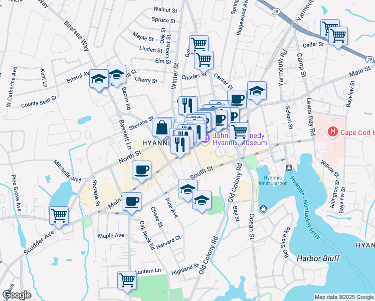 map of restaurants, bars, coffee shops, grocery stores, and more near 435 Main St in Barnstable