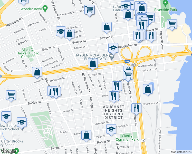 map of restaurants, bars, coffee shops, grocery stores, and more near 85-87 Myrtle Street in New Bedford