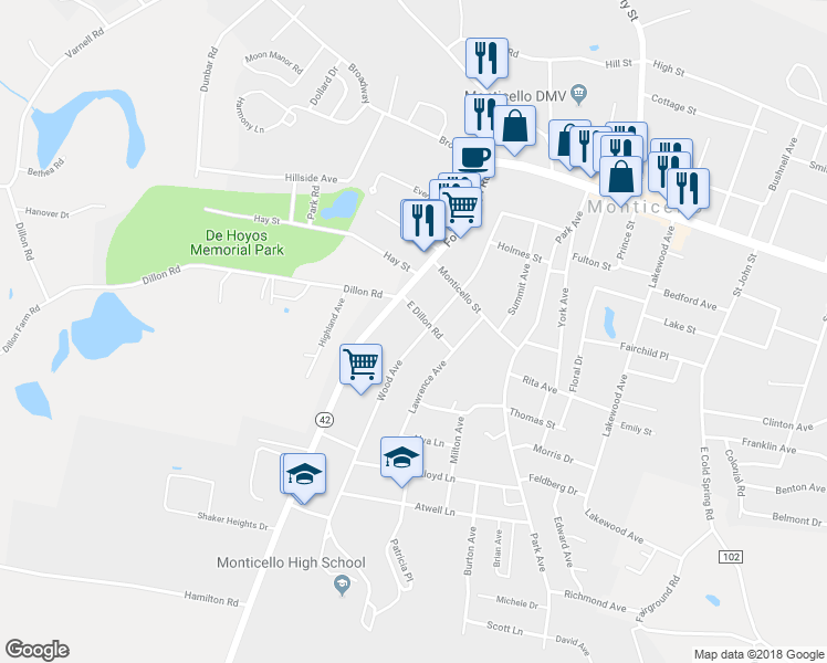 map of restaurants, bars, coffee shops, grocery stores, and more near 70 Wood Avenue in Monticello