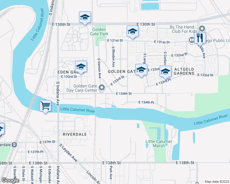 map of restaurants, bars, coffee shops, grocery stores, and more near 13327 South Eberhart Avenue in Chicago