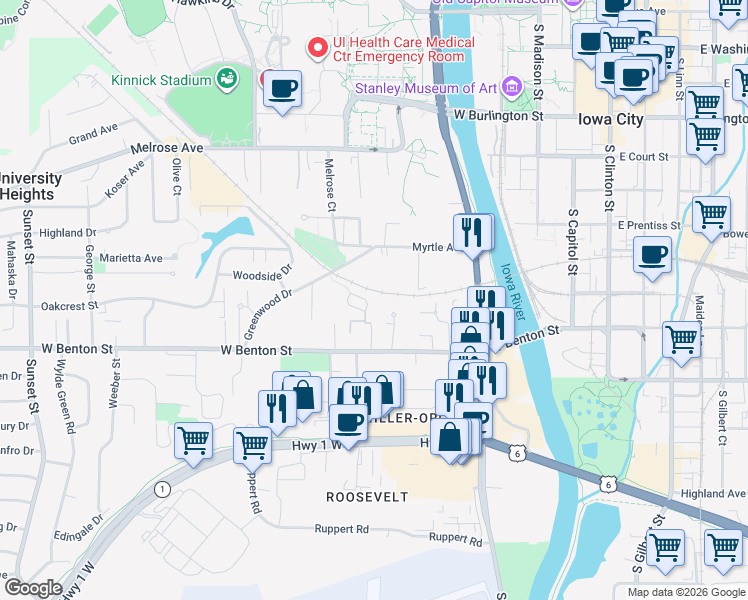 map of restaurants, bars, coffee shops, grocery stores, and more near 740 Michael Street in Iowa City