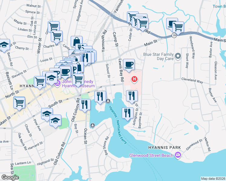 map of restaurants, bars, coffee shops, grocery stores, and more near 110 School Street in Barnstable