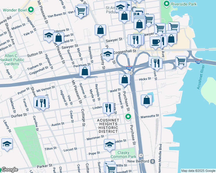 map of restaurants, bars, coffee shops, grocery stores, and more near 924 County Street in New Bedford