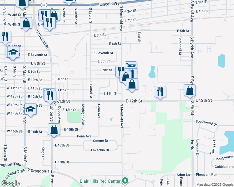 map of restaurants, bars, coffee shops, grocery stores, and more near 809 E 11th St in Mishawaka