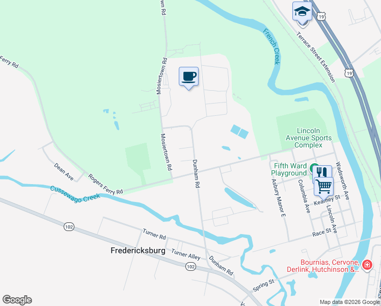 map of restaurants, bars, coffee shops, grocery stores, and more near 13281-13319 Dunham Road in Meadville