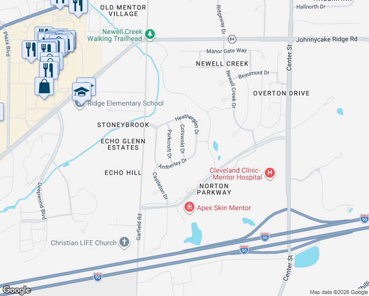 map of restaurants, bars, coffee shops, grocery stores, and more near 8061 Cotswold Drive in Mentor