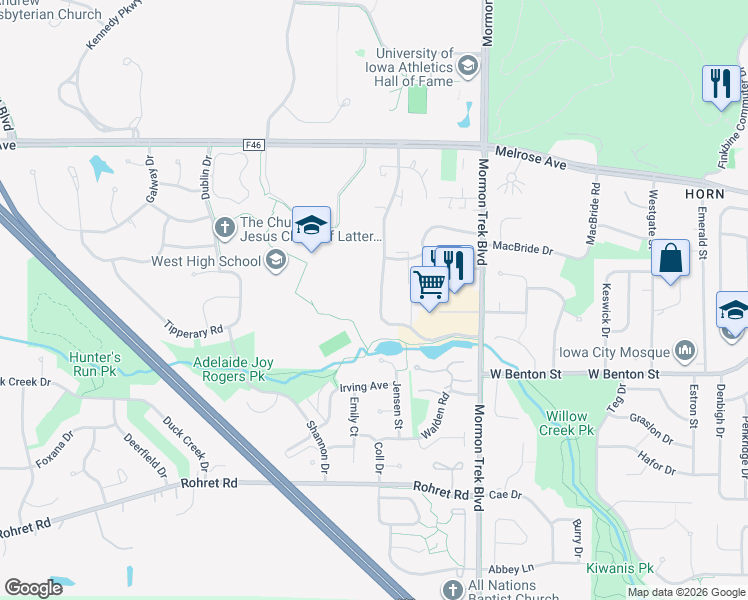 map of restaurants, bars, coffee shops, grocery stores, and more near 734 Westwinds Drive in Iowa City