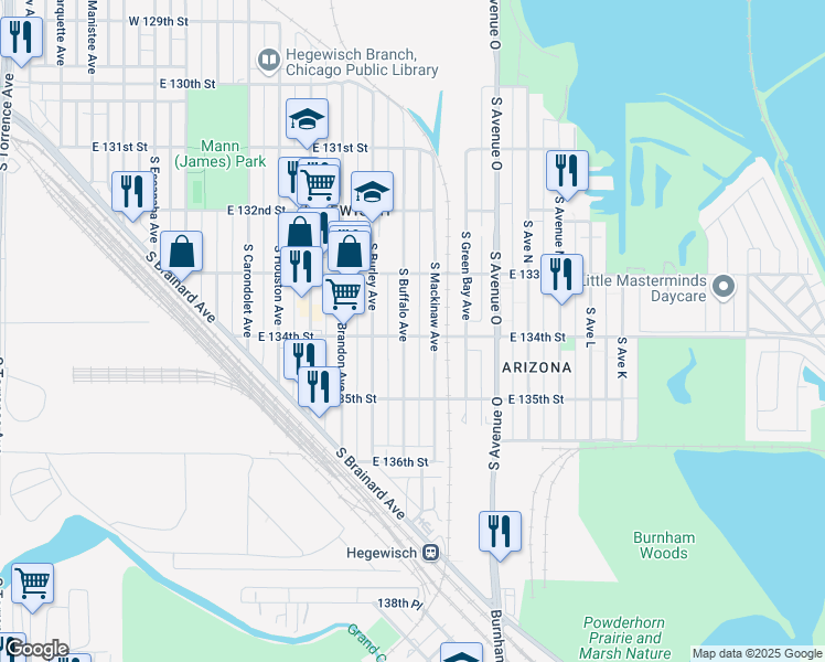 map of restaurants, bars, coffee shops, grocery stores, and more near 13359 South Buffalo Avenue in Chicago