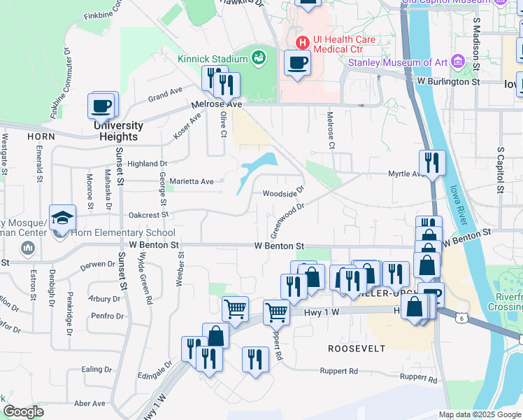 map of restaurants, bars, coffee shops, grocery stores, and more near 703 Carriage Hill in Iowa City
