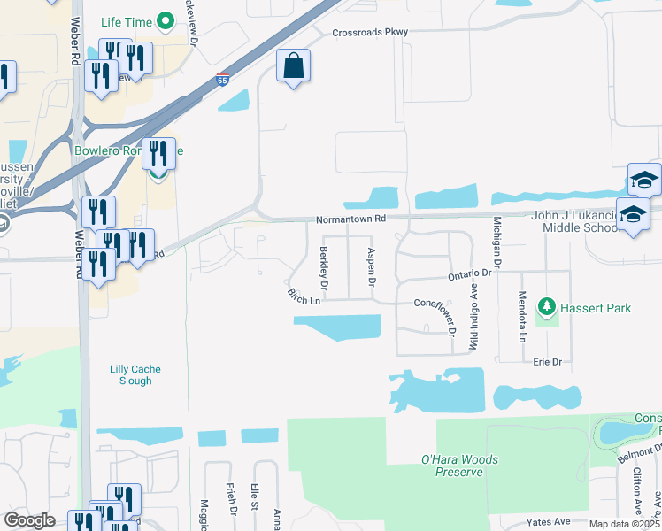 map of restaurants, bars, coffee shops, grocery stores, and more near 663 Berkley Drive in Romeoville