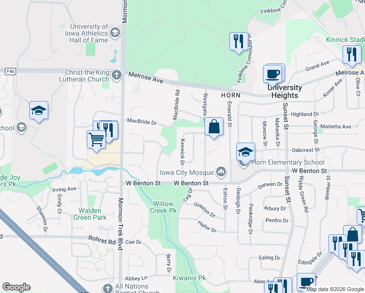 map of restaurants, bars, coffee shops, grocery stores, and more near 753 Keswick Drive in Iowa City