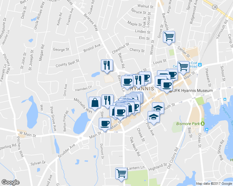 map of restaurants, bars, coffee shops, grocery stores, and more near 244 North Street in Barnstable