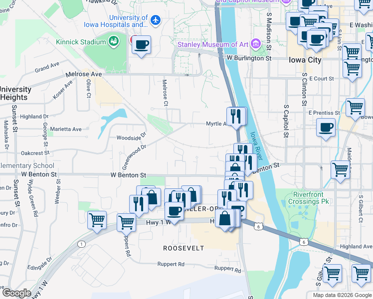 map of restaurants, bars, coffee shops, grocery stores, and more near 740 Michael Street in Iowa City