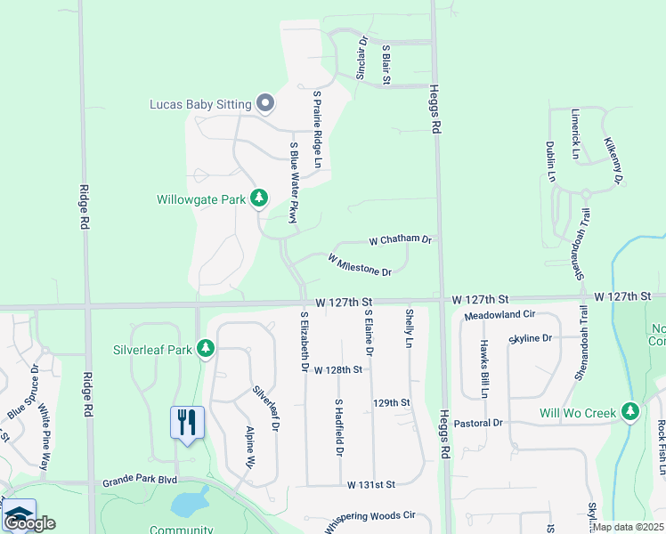 map of restaurants, bars, coffee shops, grocery stores, and more near 26235 West Milestone Drive in Plainfield