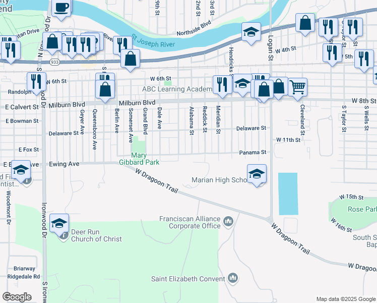 map of restaurants, bars, coffee shops, grocery stores, and more near 1021 Alabama Street in Mishawaka