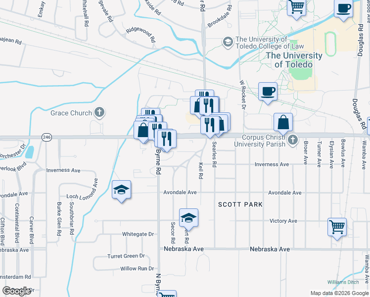 map of restaurants, bars, coffee shops, grocery stores, and more near 3402 Downing Avenue in Toledo