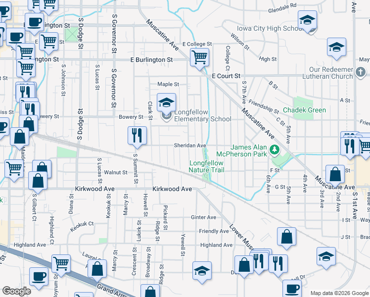 map of restaurants, bars, coffee shops, grocery stores, and more near 1231 Sheridan Avenue in Iowa City
