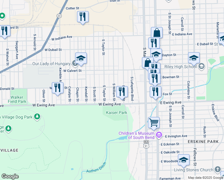 map of restaurants, bars, coffee shops, grocery stores, and more near 2109 South William Street in South Bend
