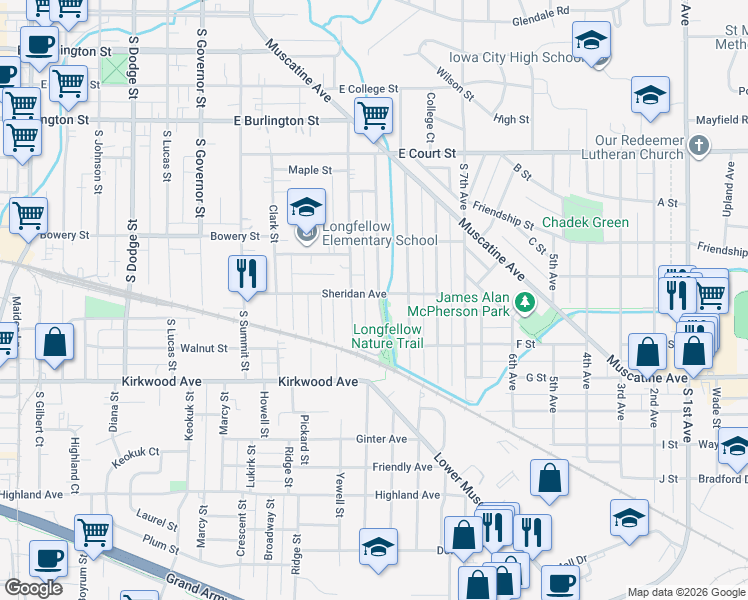 map of restaurants, bars, coffee shops, grocery stores, and more near Longfellow Nature Trail in Iowa City