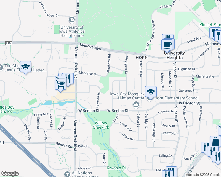 map of restaurants, bars, coffee shops, grocery stores, and more near 753 Keswick Drive in Iowa City
