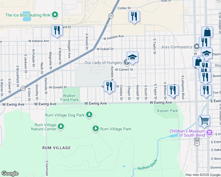 map of restaurants, bars, coffee shops, grocery stores, and more near 2101 Kemble Avenue in South Bend