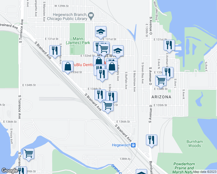 map of restaurants, bars, coffee shops, grocery stores, and more near 13356 South Brandon Avenue in Chicago