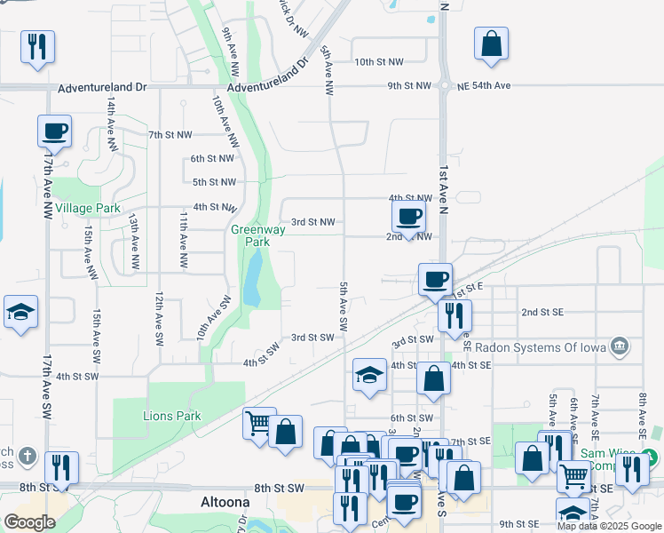 map of restaurants, bars, coffee shops, grocery stores, and more near 200 5th Avenue Northwest in Altoona