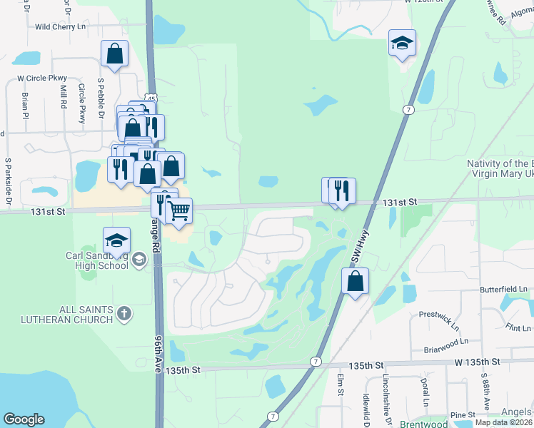 map of restaurants, bars, coffee shops, grocery stores, and more near 9318 Dunmore Drive in Orland Park