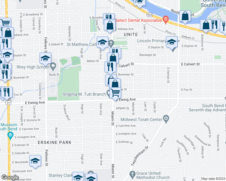 map of restaurants, bars, coffee shops, grocery stores, and more near 2212 Miami Street in South Bend