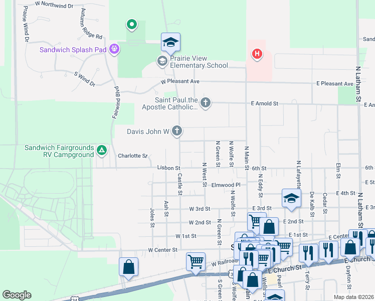 map of restaurants, bars, coffee shops, grocery stores, and more near 716 Castle Street in Sandwich